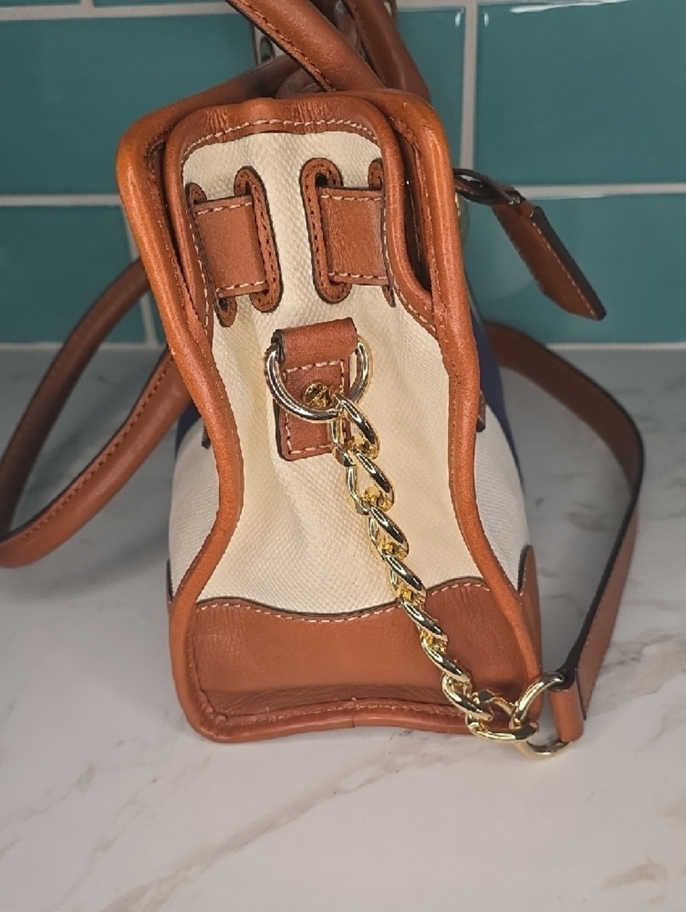 Michael Kors Hamilton MonoNavy and Tan Stripe Canvas Tote with Gold Hardware - Picture 6 of 14